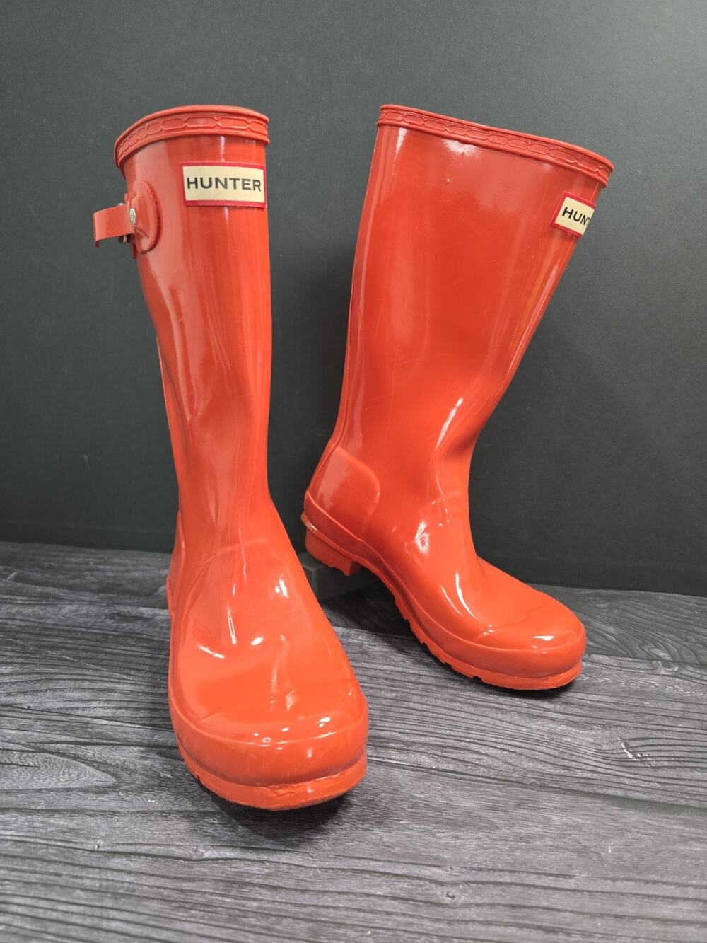 Hunter Original Kids Tall Gloss Rain Boots Orange Red Boy 3 / Girl4 Reflective